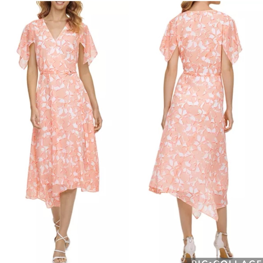 DKNY Flutter Sleeve Faux Wrap Midi Dress Flamingo Coral 12